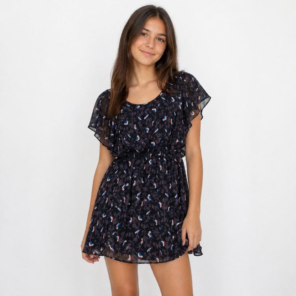 Y2K No Boundaries Womens Juniors Dress Size L Lined Bird Print Smocked Waist
